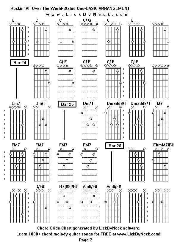 Chord Grids Chart of chord melody fingerstyle guitar song-Rockin' All Over The World-Status Quo-BASIC ARRANGEMENT,generated by LickByNeck software.